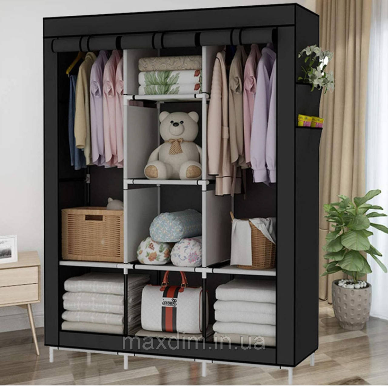 Мобільна тканинна шафа для одягу на 3 секції HCX Storage Wardrobe 88130 Чорний