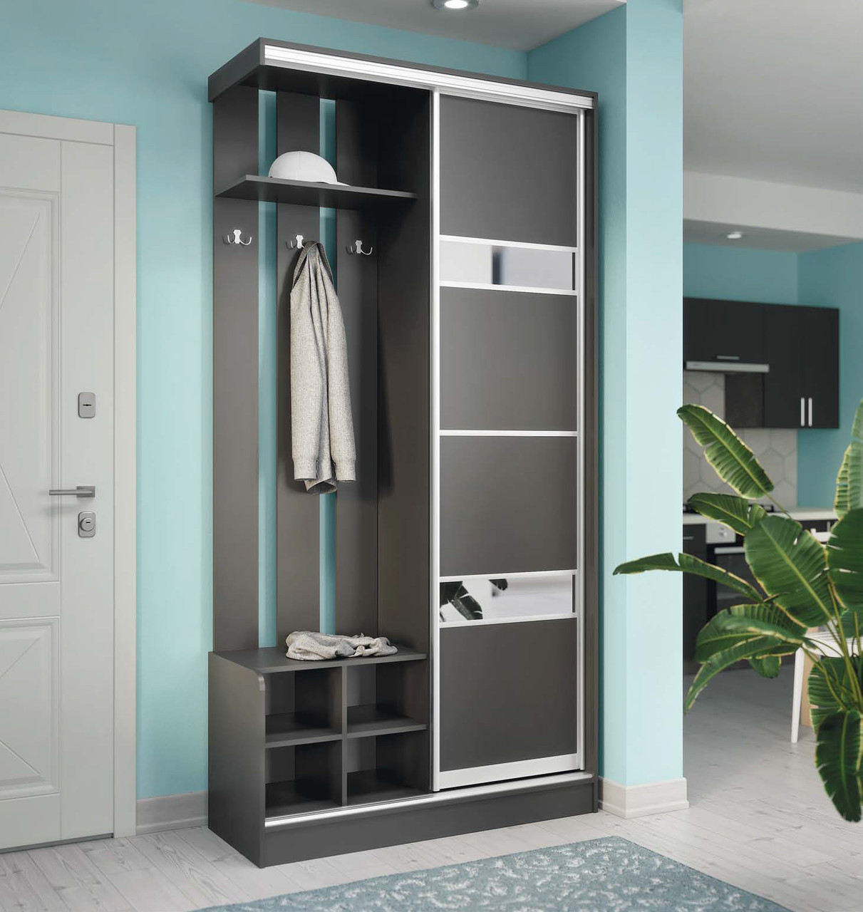 Сучасний передпокій купе 120 см в коридор з дзеркалом, полицею для взуття, гачками для одягу венге Єва Київський Стандарт, фото 1