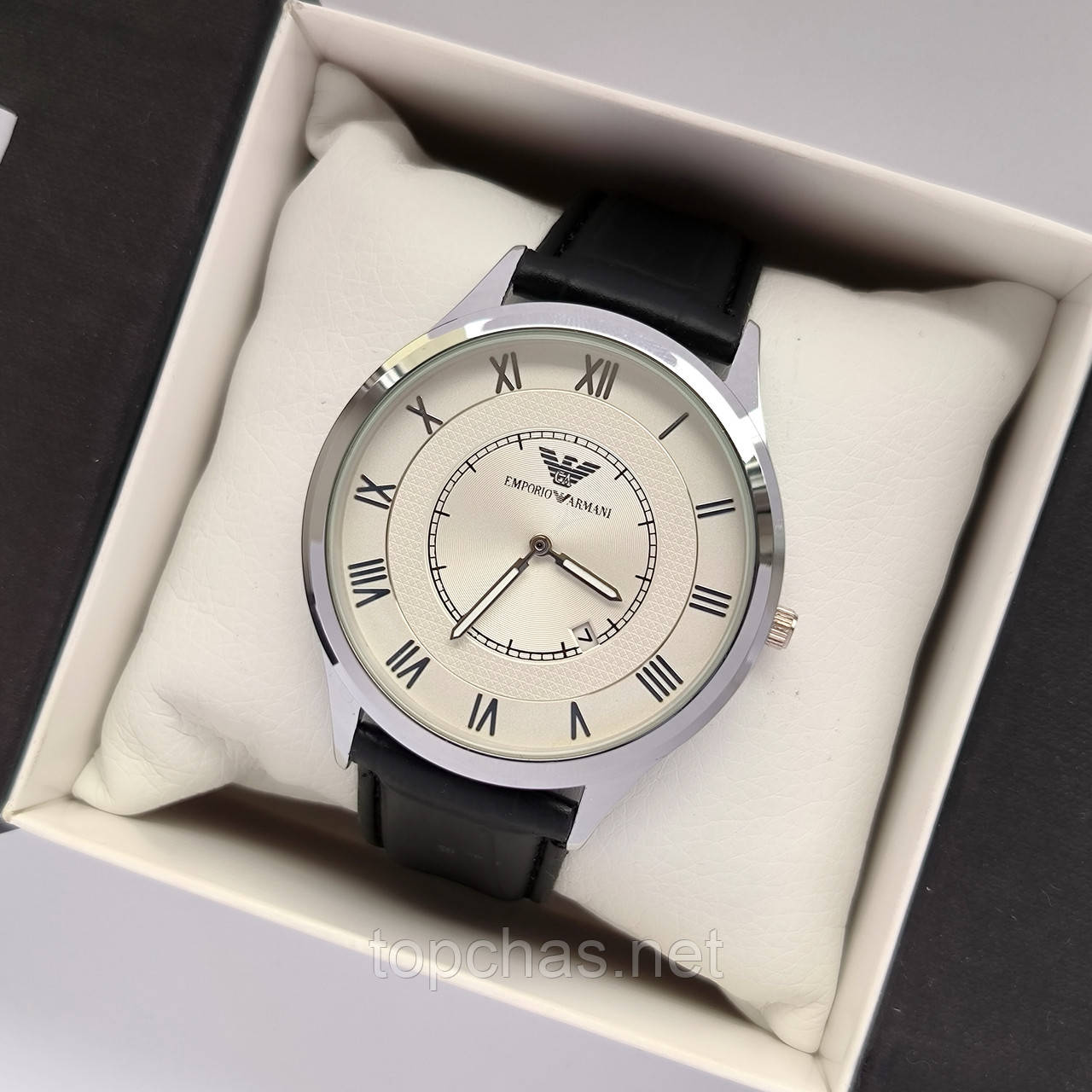 Сріблястий чоловічий годинник Emporio Armani (Армані) з чорним ремінцем і білим циферблатом, дата - код 2339