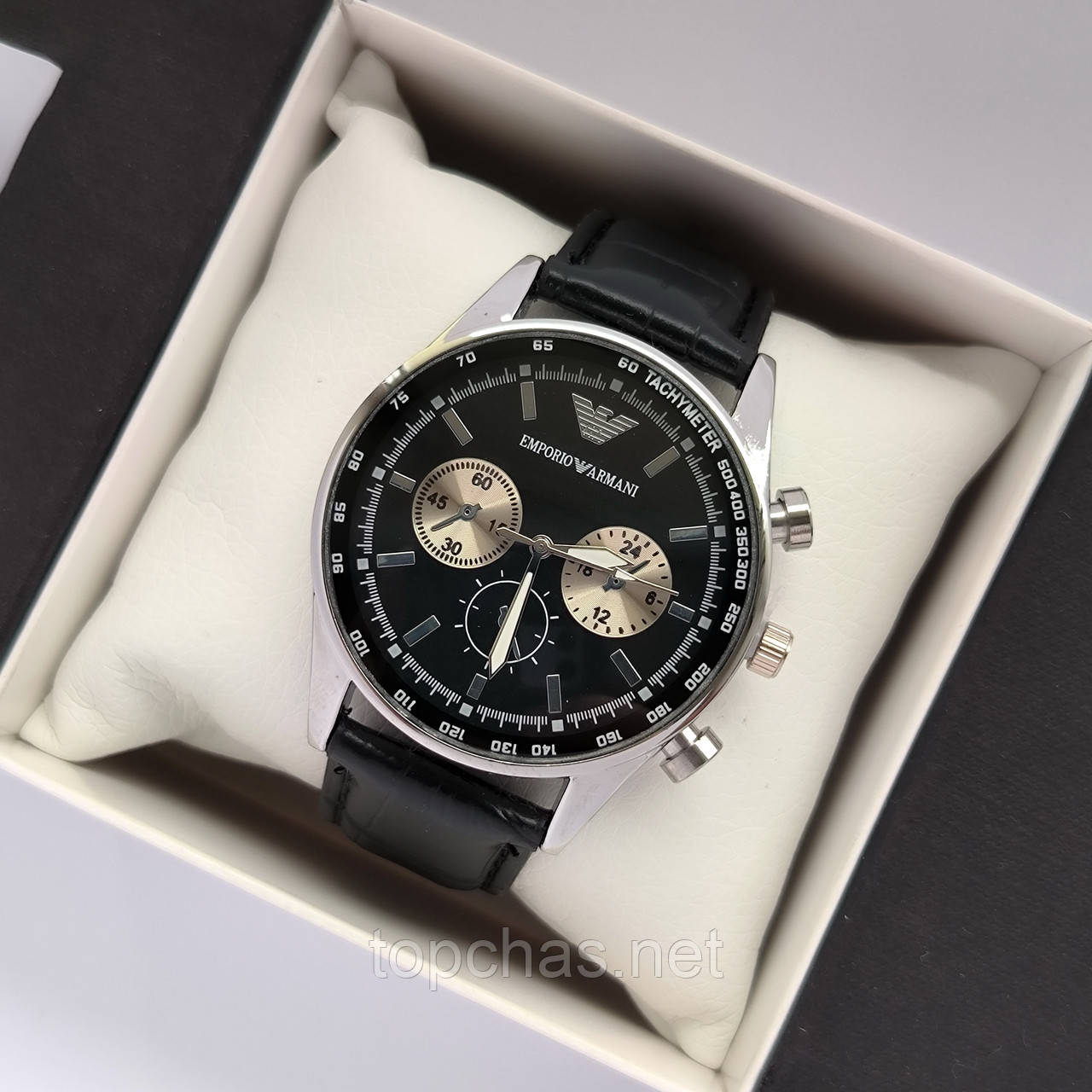 Сріблястий чоловічий годинник Emporio Armani (Армані) з чорним ремінцем і циферблатом - код 2340