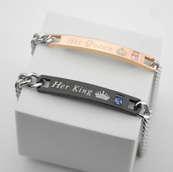 Парні браслети His Queen Her King для двох закоханих із сталі