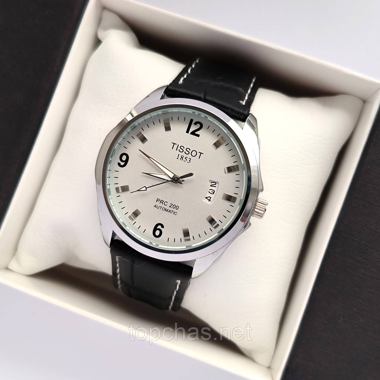 Сріблястий чоловічий годинник Tissot (Тісот) з чорним ремінцем і білим циферблатом, дата - код 2342