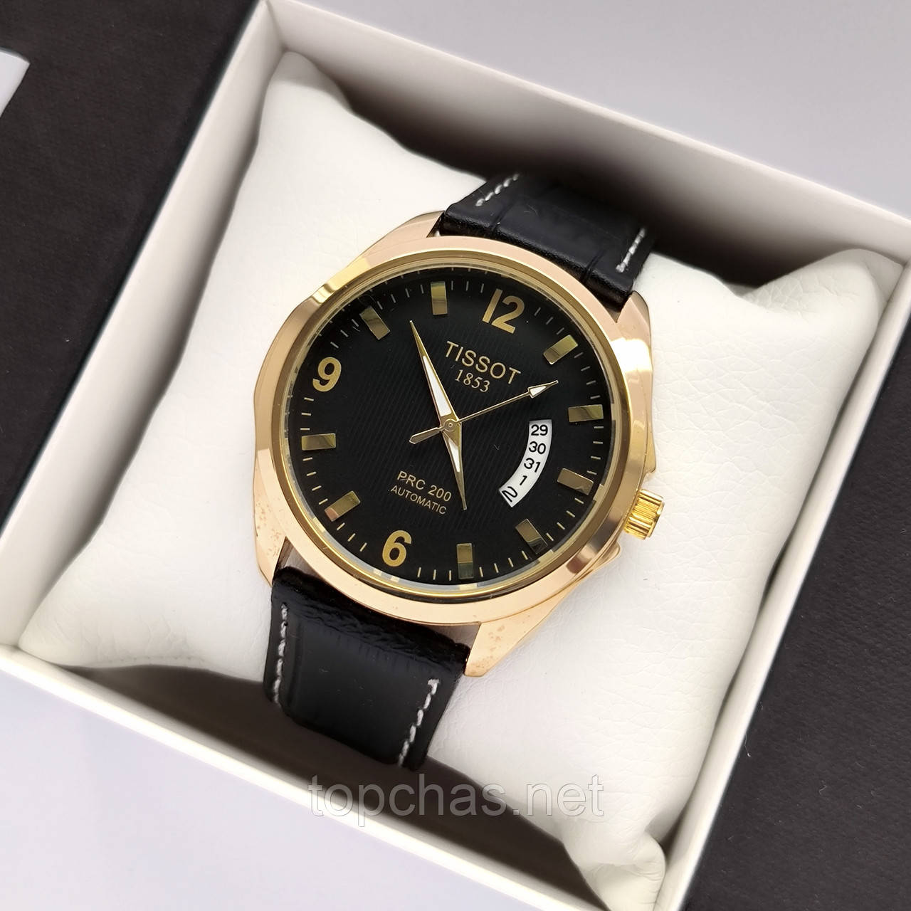 Чоловічий наручний годинник Tissot (Тісот) золотого кольору з чорним ремінцем і циферблатом, дата - код 2343