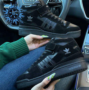 Жіночі зимові кросівки Adidas Forum 84 High Black Suede теплі з хутром на цигейці повсякденні. адідас форум