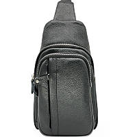 Стильная мужская сумка-слинг нагрудная из натуральной кожи на молнии, чёрная 819510