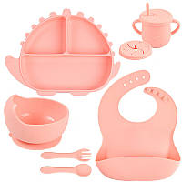 Набор посуды Y12 трехсекционная тарелка Динозавр,поильник,ложка вилка,слюнявчик Розовый v-11216