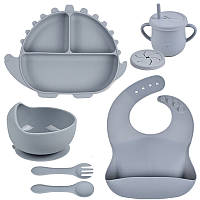 Набор посуды Y18 трехсекционная тарелка Динозавр,поильник,ложка вилка,слюнявчик Серый n-11218