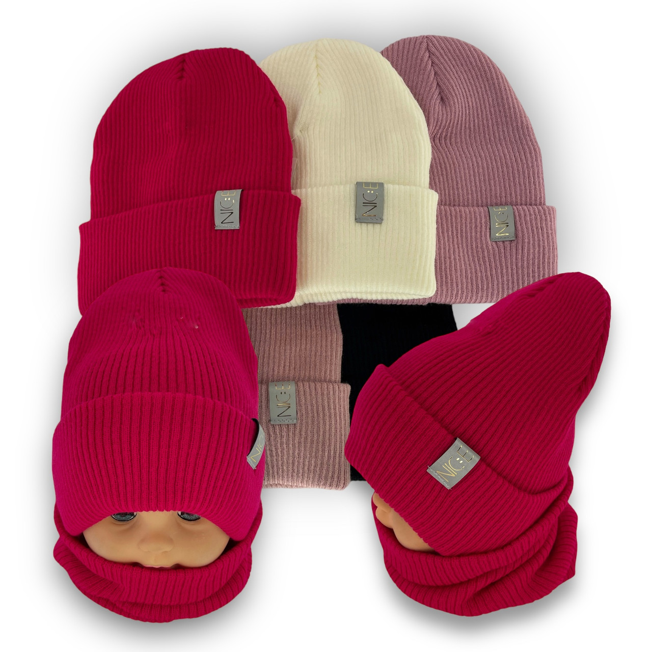 ОПТ Дитяча шапка та шарф-хомут для дівчаток, р. 52-54 (5 шт./набір), фото 1