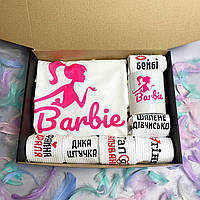 Жіночий Barbie бокс із натуральної футболки + керамічний кухля 330 мл + 6 пар трикотажних, високих шкарпеток