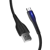 USB кабель для зарядки и передачи данных MicroUSB 2,4A 1м черный (с синей Led подсветкой)