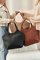 Сумка плетеная кожа классическая вместительная,плетеная кожаная сумка-шоппер экокожа «Тэнси» Черный