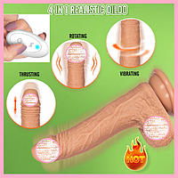 Фалоїмітатор реалістичний із підігрівом і телескопією 19 см, Вібратор фалос з обертанням на присоску з пультом