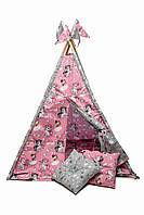 Вигвам детский палатка для дома с матрасом Бон бон и подушками "Пони на розовом с серым" +система антиупадин