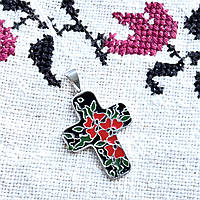 Серебряный декоративный крест с эмалью, украинский орнамент черно-красный