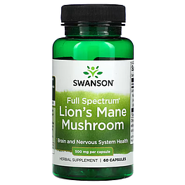 Full Spectrum Lion's Mane Mushroom 500 мг Swanson 60 капсул