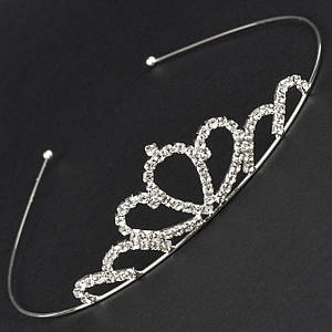 Діадема корона срібляста металева на тонкому обідку з візерунками з кришталевими камінчиками висота 3 см