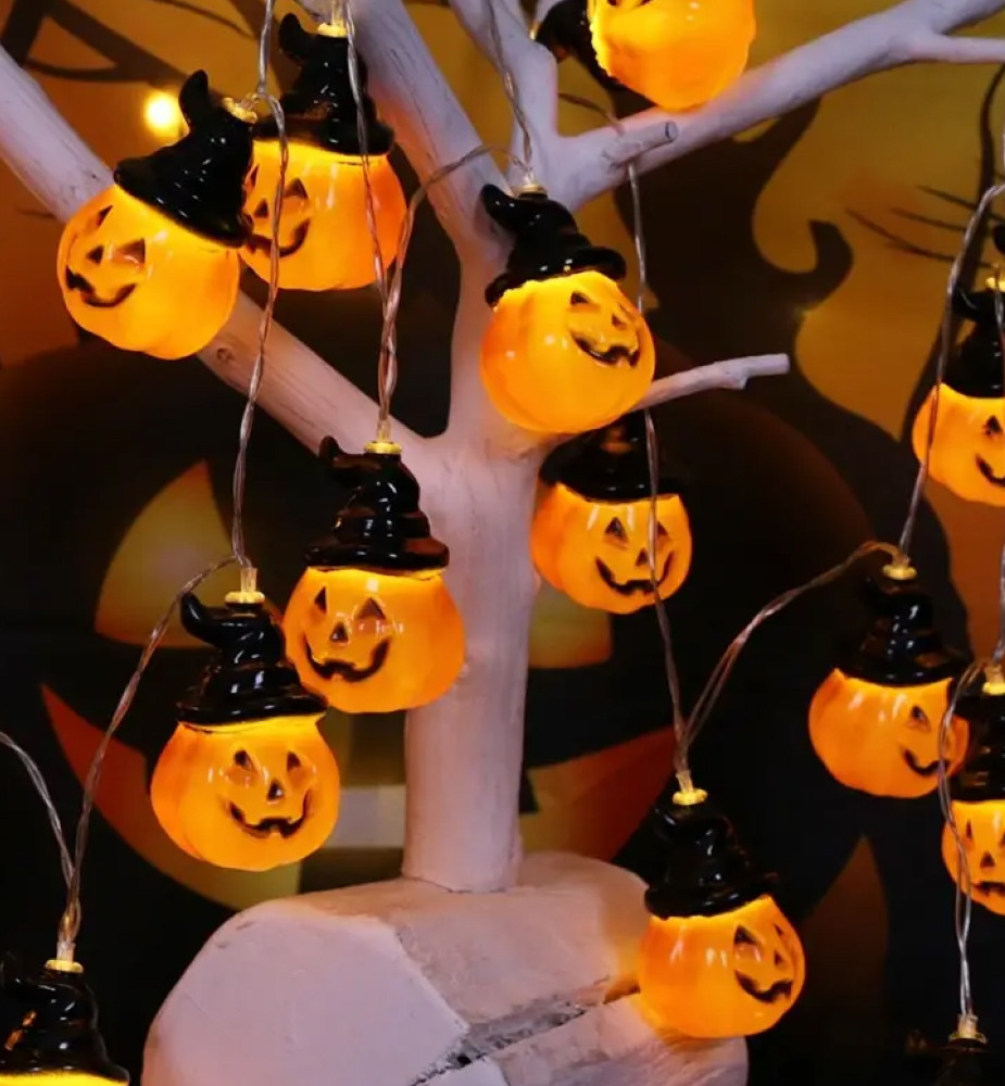 Світлодіодна гірлянда "Хелловін гарбуз в шапочці", 220V, IP44, Теплий білий