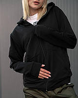 Кофта на блискавці жіноча чорного кольору з капюшоном і кишеню-кенгуру зіпер розміри