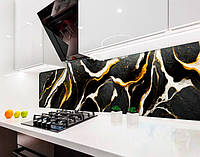 Наклейка на кухонний фартух 60 х 200 см, з фотодруком та захисною ламінацією Мармур чорний із золотом та білим