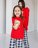 Детская трикотажная пижама для девочки кофта и штаны хлопковая с рисунком цвет красный 3-4, 5-6, 7-8 110-116