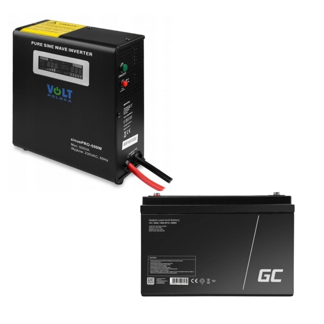 Аварійний комплект Гібридний ДБЖ/інвертор Volt Polska Volt Polska PRO 500W + Акумулятор Green Cell AGM VRLA 100Ah 12V