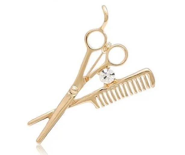 Брошка перукаря на шпильці "Ножиці з гребінцем" у кольорі золото., фото 1