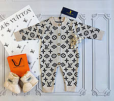 Дитячий бежевий теплий в'язаний чоловічок Louis Vuitton, ромпер для новонароджених