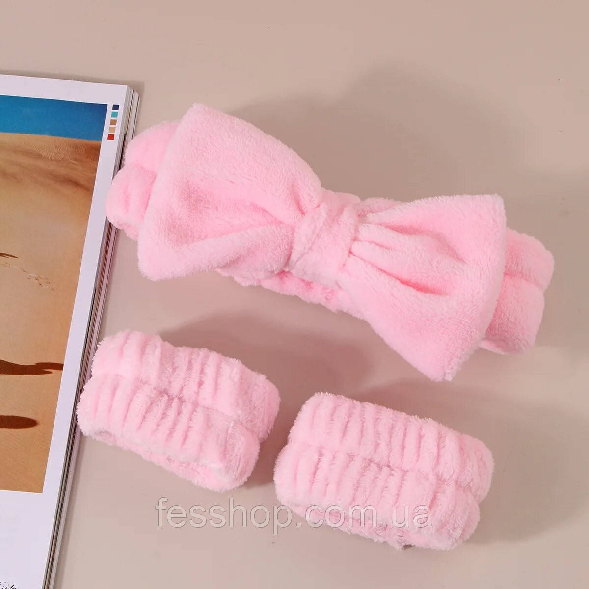 Косметична пов'язка та напульсники для вмивання Pink