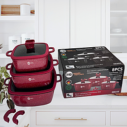 Набір посуду Higher Kitchen каструлі з кришками гранітне антипригарне покриття для всіх типів плит Червоний