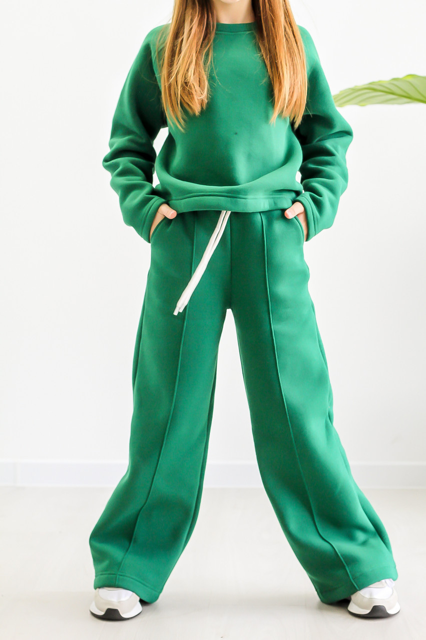 Костюм для дівчинки утеплений турецька тринитка на флісі кофта реглан і штани палацо-колір темно-зелений