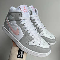 Женские кроссовки Nike Air Jordan 1 Retro Custom Light Grey/Smoke White (серо-белые с розовым) высокие 0555v