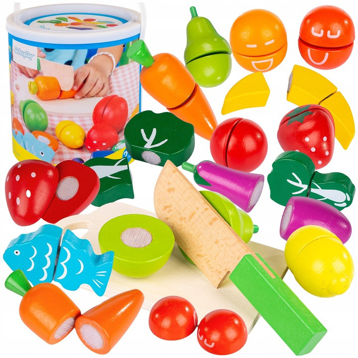 Продукти Kinderplay іграшкові овочі та фрукти дерев'яні овочі для нарізки продукти у відрі дитячі іграшки