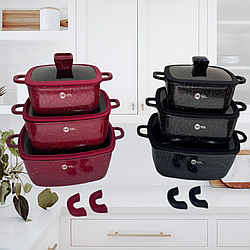 Набір посуду Higher Kitchen каструлі з кришками мармурове антипригарне покриття казани для всіх різновидів плит Червоний