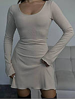 Стильне базове приталене жіноче плаття ангора рубчик із зав'язками на спині з пишною спідницею Бежевий, 42/44
