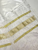 Рушник свадебный атласный кружевной белый со вставками золотого цвета