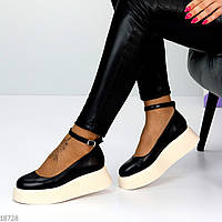 Черные кожаные туфли на шлейке натуральная кожа на бежевой платформе lolita style