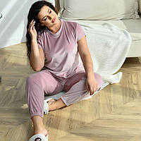 Женская пижама 3в1 футболка +штаны+ шорты норма и батал Пижама большого размера пудра, 50-52