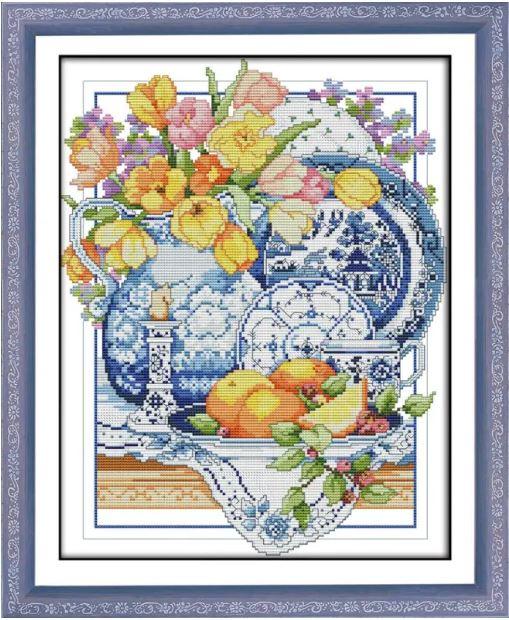 Набір для вишивання за нанесеною на канву схемою "Porcelain and Flowers" AIDA 14CT printed, 33*41 см
