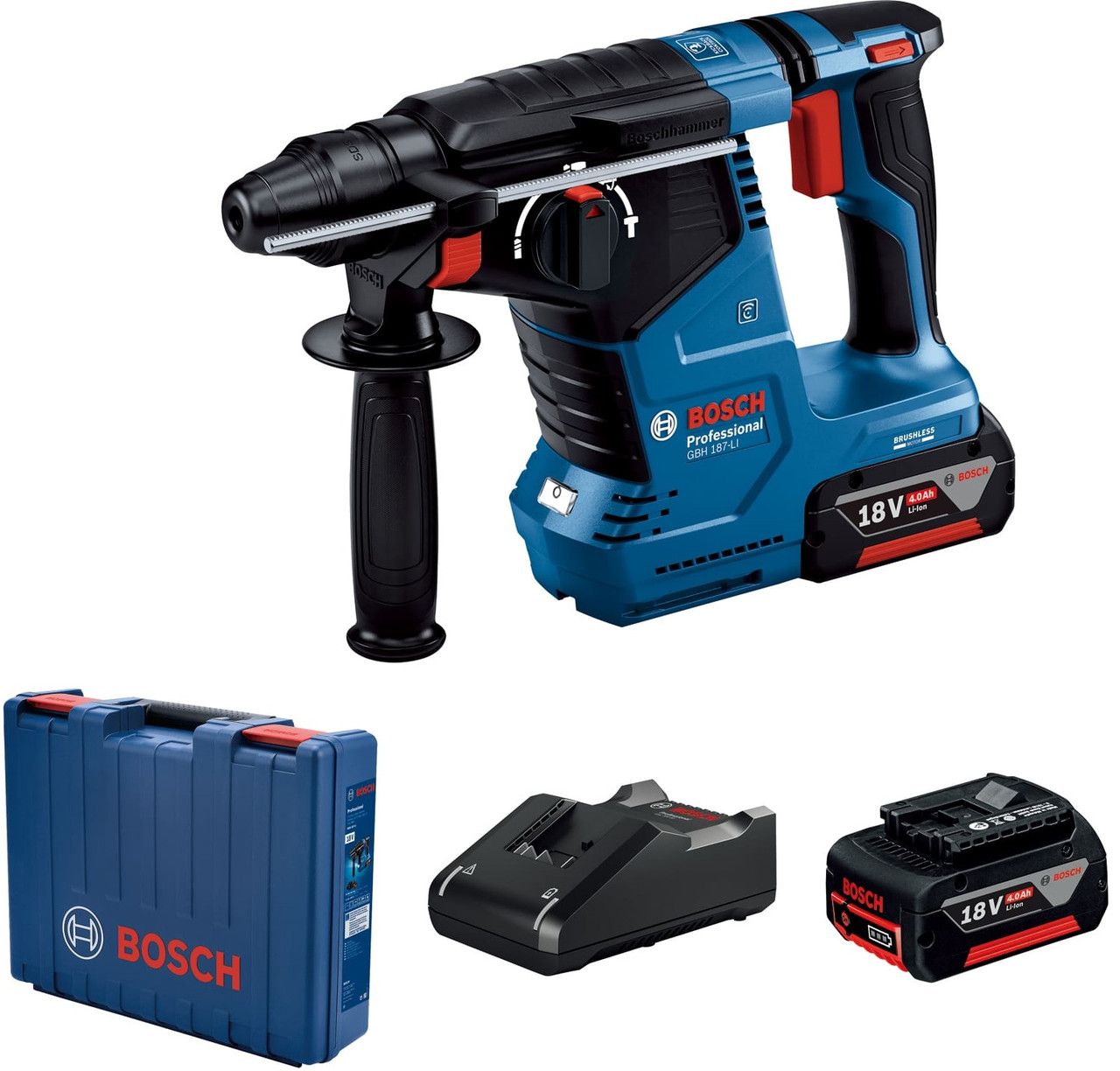 Bosch Перфоратор GBH 187-LI Professional акумуляторний, 2*18 В 5 Аг, SDS-Plus, 2.4 Дж, 980 об/хв, кейс, 2.9 кг  E-vce - Знак