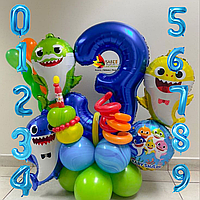Набор воздушных шаров с цифрой на выбор и подставкой Акулята Голубой и зеленый