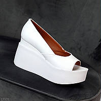 Білі відкриті шкіряні жіночі туфлі на платформі танкетці ПІД ЗАМОВЛЕННЯ