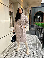 Женское демисезонное пальто бежевое на кнопках с капюшоном с поясом плащевка | Весеннеее пальто женское
