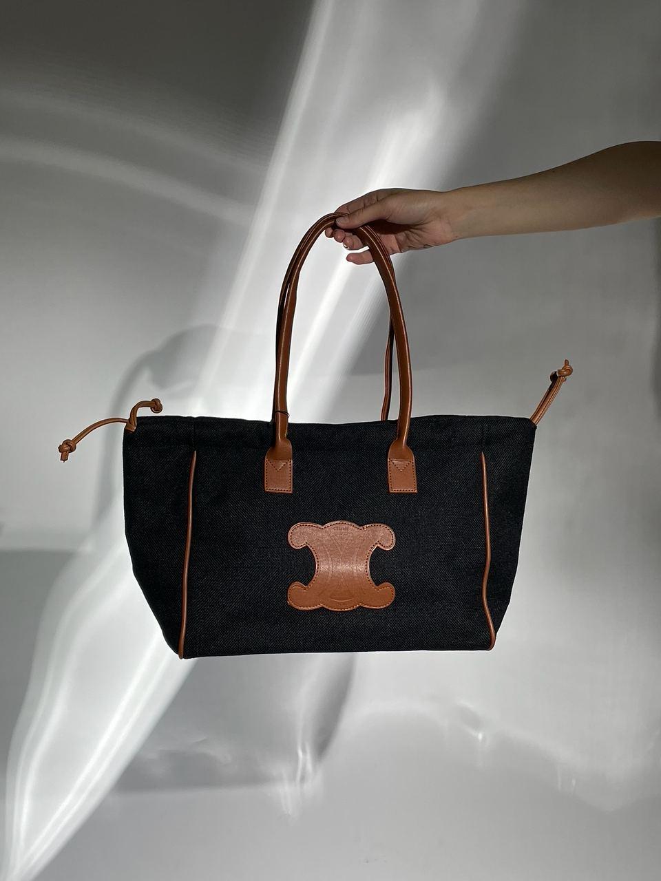 Жіноча сумка шопер подарункова Celine Cabas Drawstring Cuir Triomphe Textile Black (чорна) KIS16016 стильна топ, фото 1