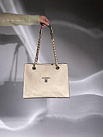 Женская сумка подарочная Chanel Leather Tote Bag Cream (бежевая) KIS04054 стильная с короткими ручками топ