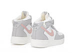 Жіночі зимові кросівки Nike Air Force (сірі з білим і рожевим) високі модні кеди з хутром К14021 топ, фото 6