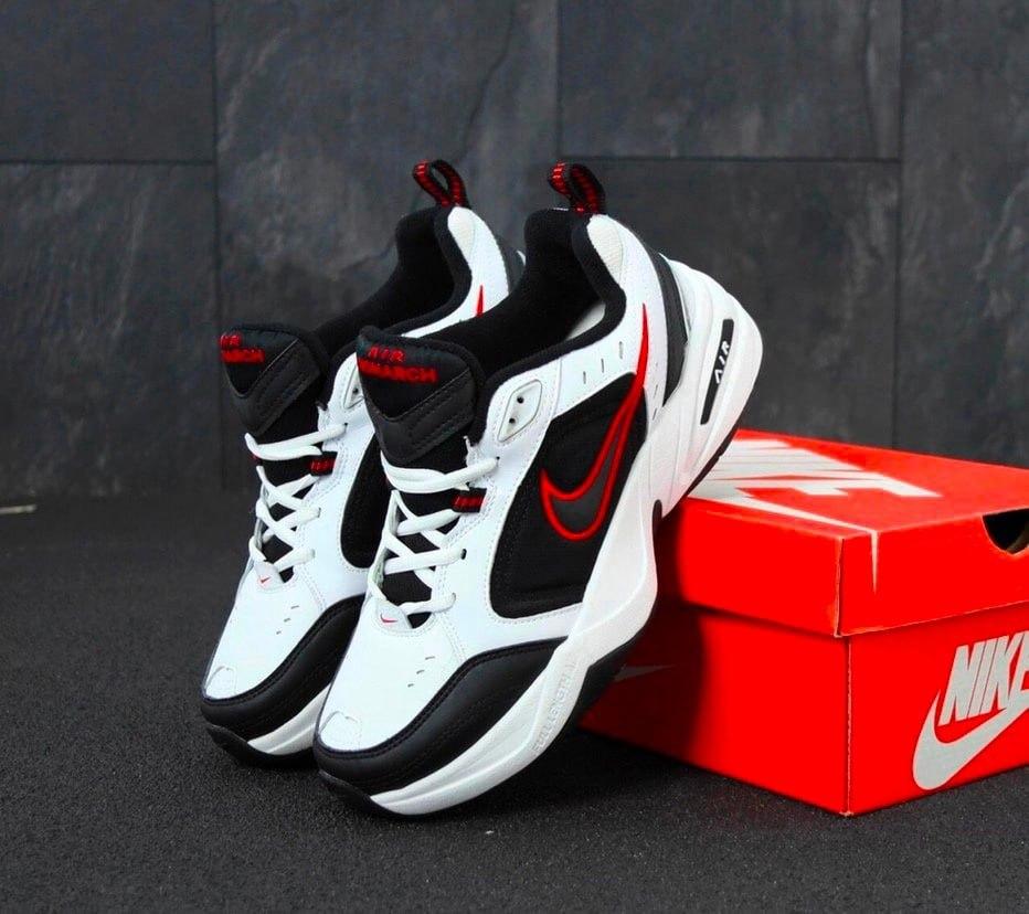 Чоловічі кросівки Nike Air Monarch (білі з чорним і червоним) спортивні осінні модні кроси К11808 топ, фото 1