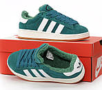 Жіночі зимові кросівки Adidas Campus (зелені з білим) яскраві модні низькі кеди з хутром К14480 топ, фото 3