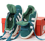 Жіночі зимові кросівки Adidas Campus (зелені з білим) яскраві модні низькі кеди з хутром К14480 топ, фото 4