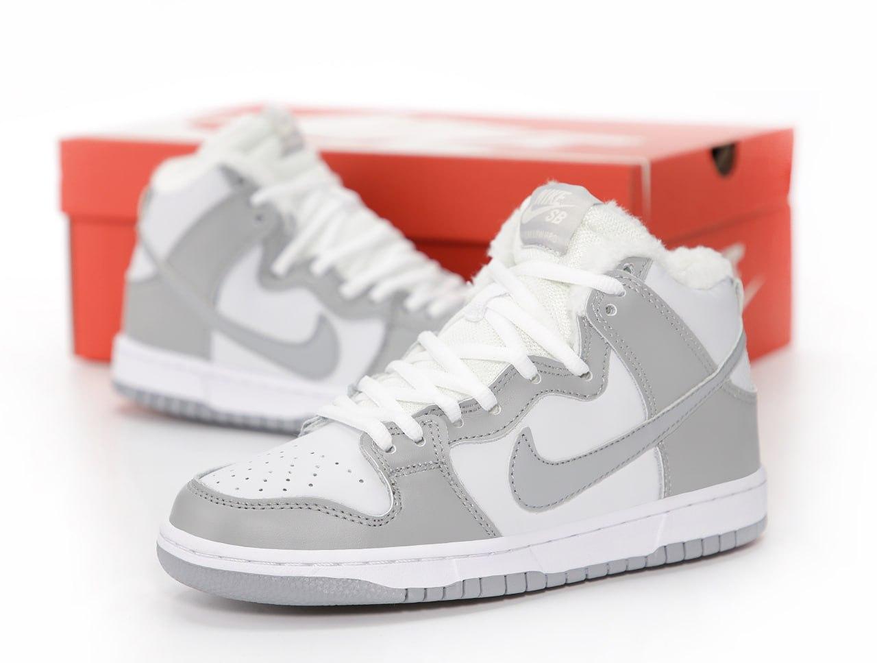 Чоловічі зимові кросівки Nike SB Dunk Winter (сірі з білим) високі зручні кеди з хутром К14485 топ, фото 1