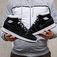 Мужские зимние кроссовки Nike Air Jordan 1 Retro (чёрные) высокие модные кеды на меху 2519 cross